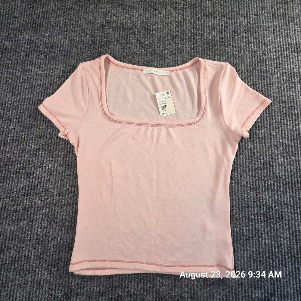 Lush Womens Baby Pink Ribbed Square Neck Short Sleeve Top T19468-003 Size L NWT